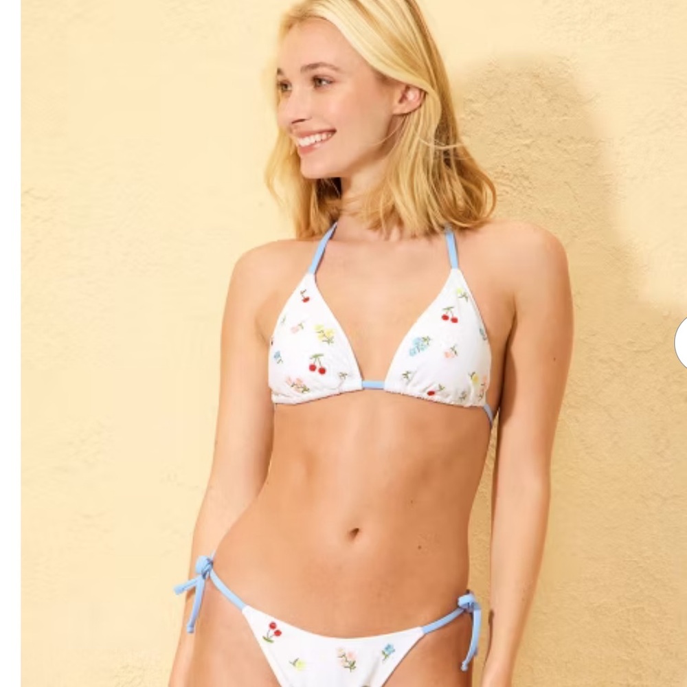 Wild Fable White Embroidered Floral & Cherry Bikini with Light Blue Trim Size S